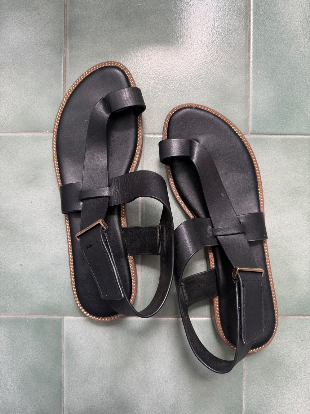 Franco Sarto chunky Black Leather gold detail Strap Sandals